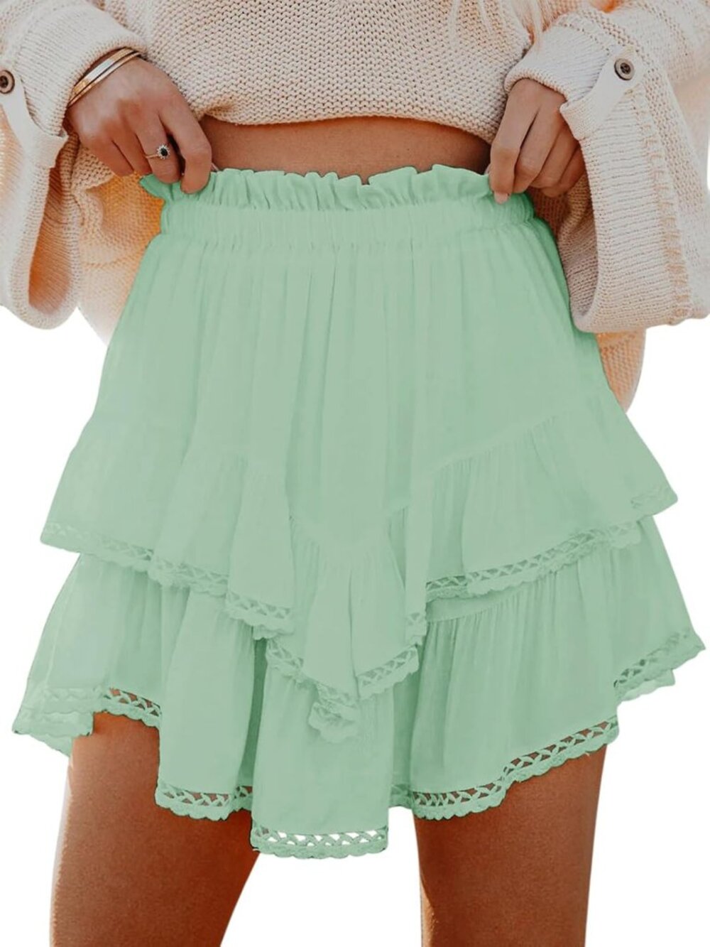 Women's Light Green Ruffle Tiered Skorts High Waist Mini Skirt Golf Tennis Short